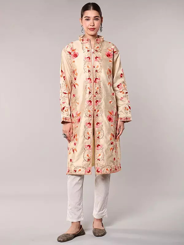 Art Silk Long Jacket with Multicolor Floral Embroidery