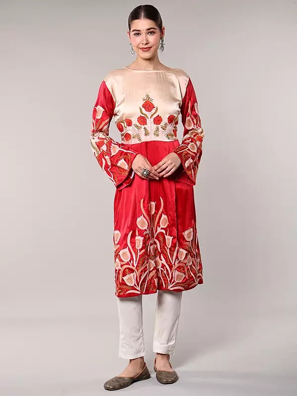Red and Cream Satin Dress from Kashmir with Aari Embroidered Floral Motifs