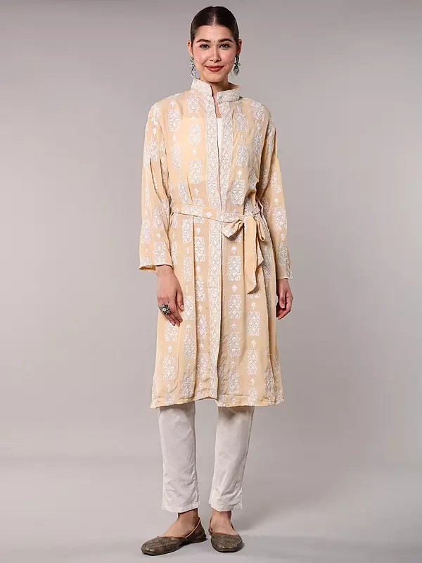 Honey-Peach Crepe Short Robe from Kashmir with Aari Embroidered Flowers and Dori at Waist