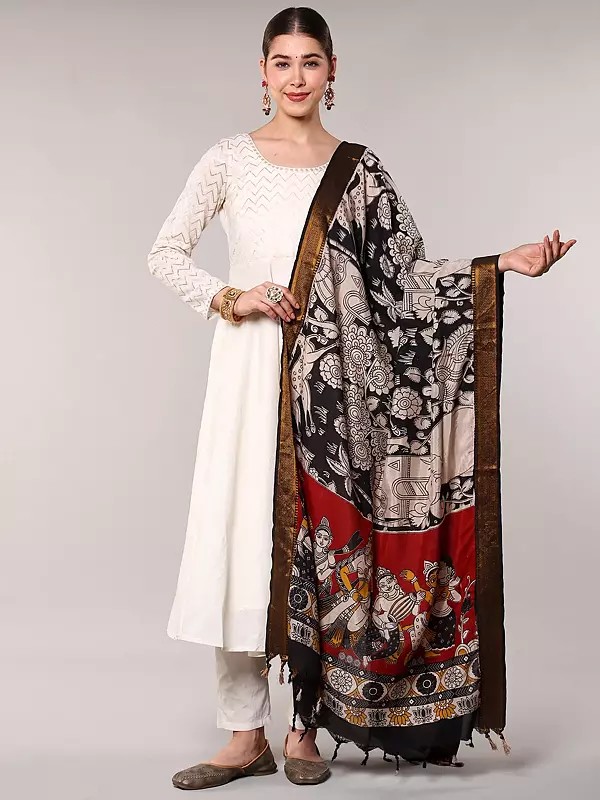 Printed Kalamkari Scarf Depicting Jungle Life and Musicians