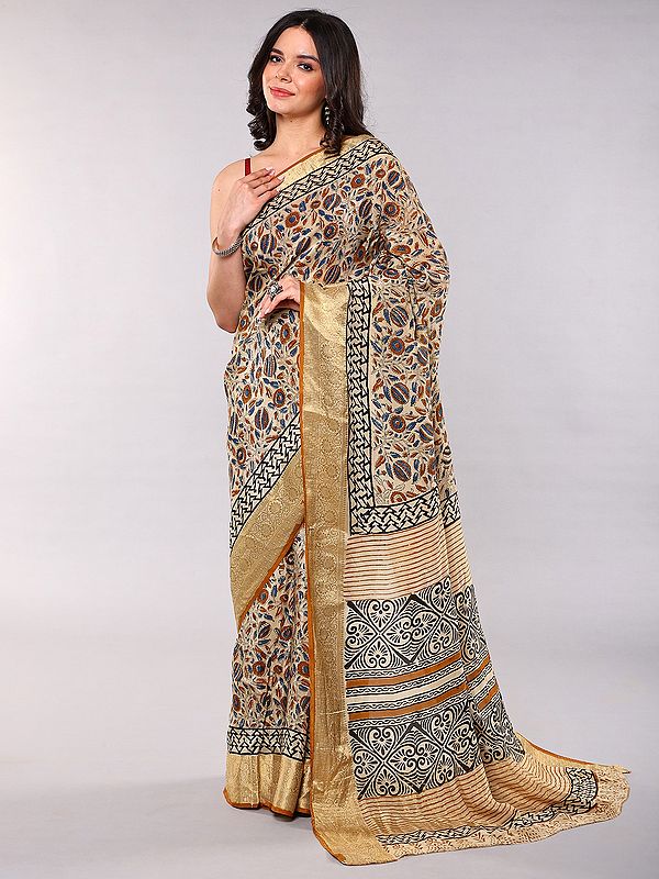 Dola Silk Saree with Cream Base, Floral Print & Zari Woven Border