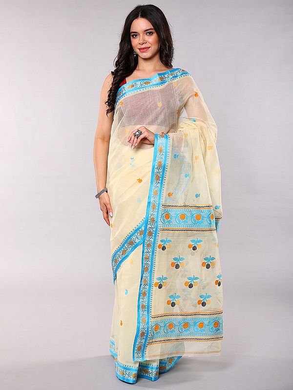 Transparent Yellow Tangail Handloom Pure Cotton Saree with Woven Flowers