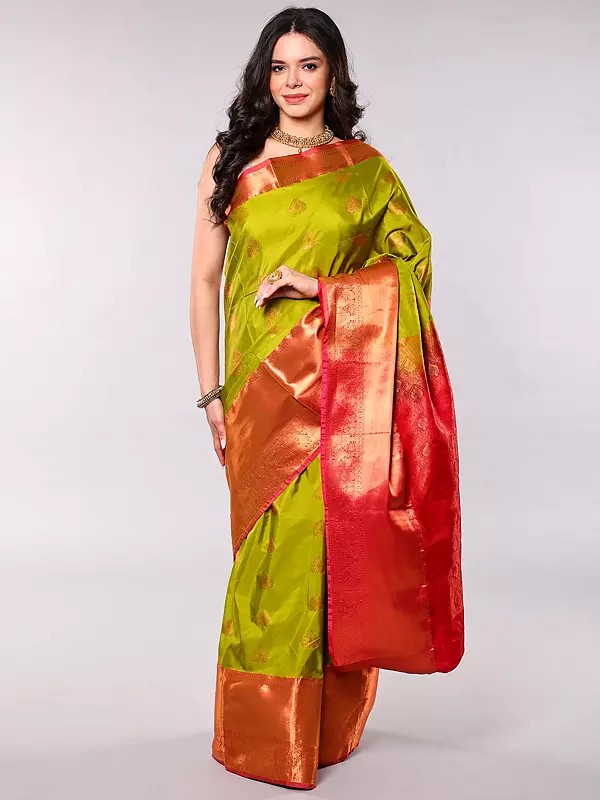 Art Silk Saree: Vibrant Green with Copper Weaving and Peacock Border