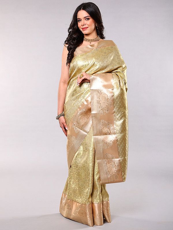 Art Silk Saree in Rice-Gold: Zari Floral Motifs & Grand Border