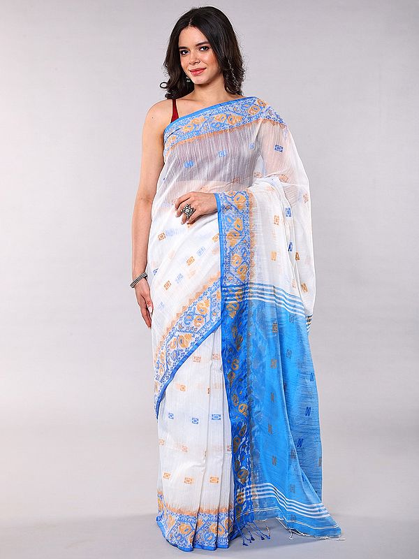 White Jamdani Handloom Saree with Thread Woven Blue Temple Border