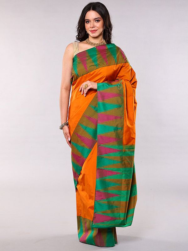 Orange Art Silk Saree with Woven Wide Temple Border and Stripes Pallu