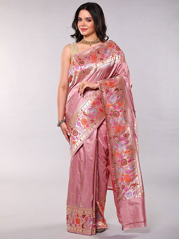 Misty Rose Silk Saree: Golden Thread Work with Peacock Border and Pallu
