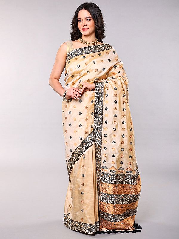 Brazilian-Sand Pure Silk Saree Featuring Woven Motifs and Patch Border