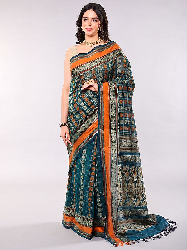 Handloom Cotton Saree with Woven Chakras and Animal Motifs