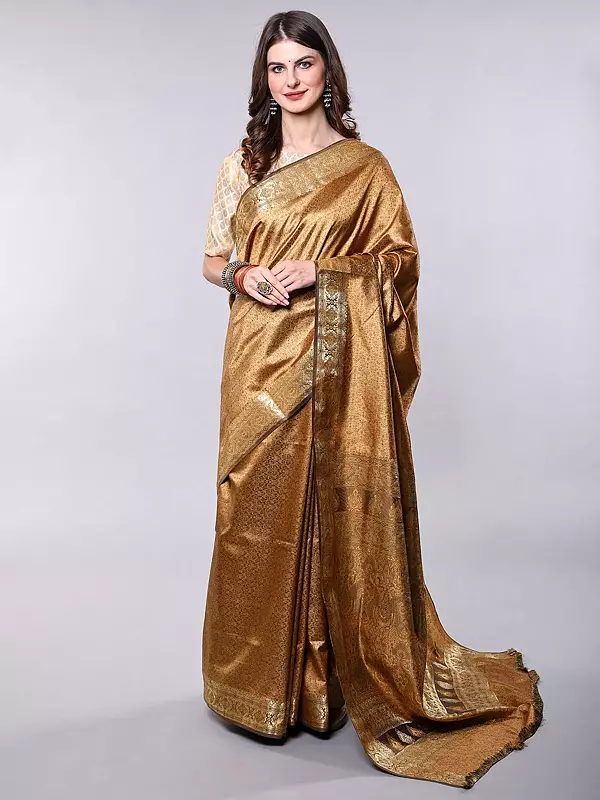 Pale-Gold Banarasi Jamawar Saree with Tanchoi Weave All-Over