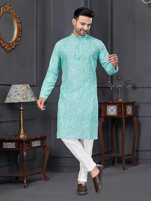 Rayon Printed Festive Wear Straight Mandarin Collar Kurta With Pajama