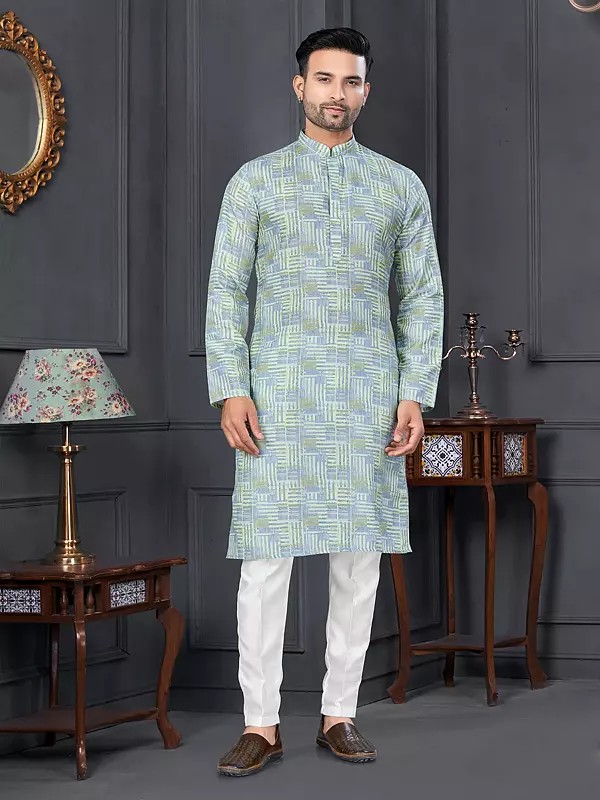 Cotton Check Pattern Printed Attractive Festive Wear Kurta With Straight Pajama