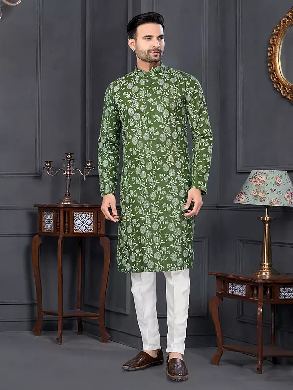 Cotton Floral Printed All Over Mandarin Collar Casual Wear Kurta With Straight Pajama