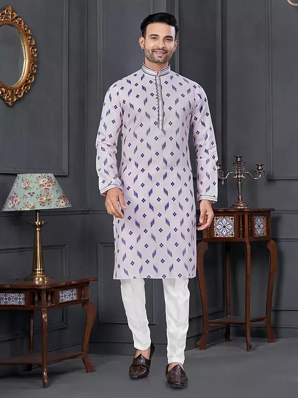 Printed Mandarin Collar Attractive Casual Wear Cotton Kurta With Straight Pajama