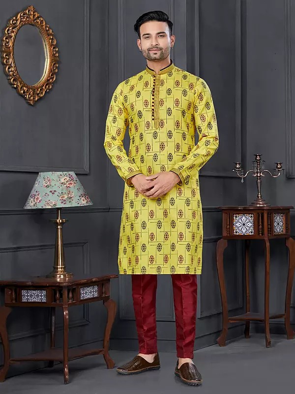 Ethnic Motifs Printed All Over Mandarin Collar Festive Wear Cotton Kurta With Pajama