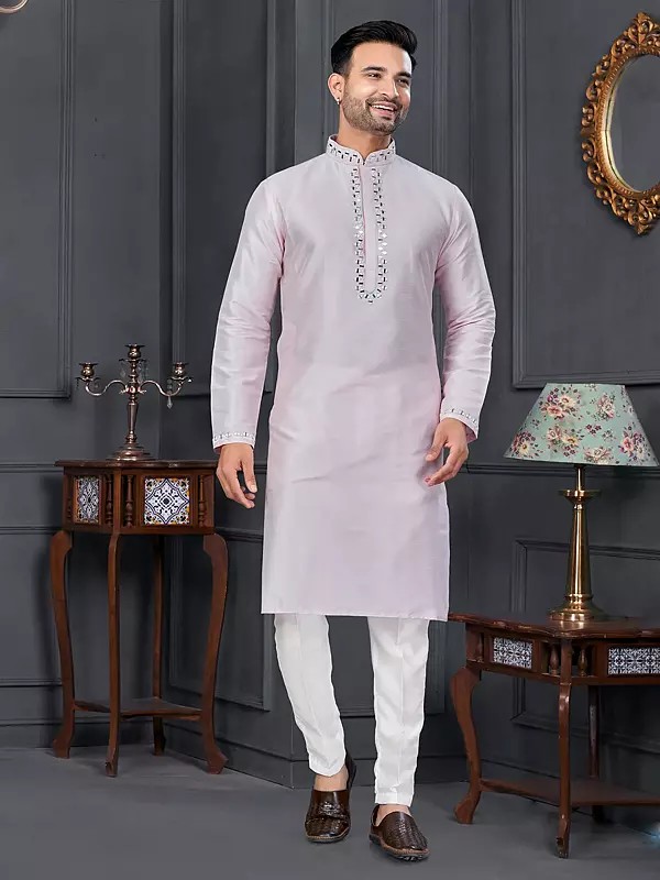 Art Silk Mirror Work On Neck Attractive Mandarin Collar Kurta With Straight Pajama