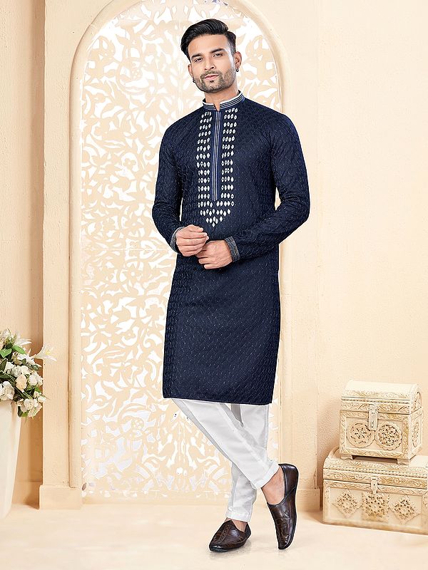 Elegant Mirror Work On Neck Mandarin Collar Straight Art Silk Kurta With Pajama