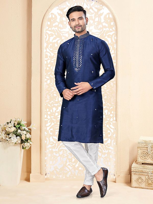 Mandarin Collar Mirror Work Attractive Festive Wear Art Silk Kurta With Pajama