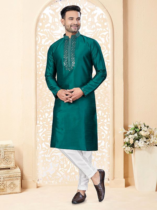 Festive Wear Mandarin Collar Attractive Straight Art Silk Kurta With Pajama