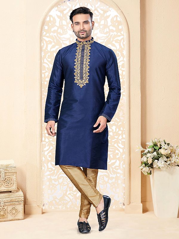 Embroidery Work On Neck And Mandarin Collar Straight Art Silk Kurta With Pajama