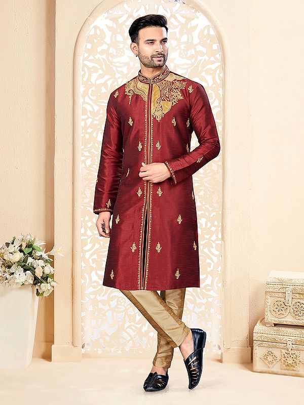 Sequins And Embroidery Work Designer Art Silk Kurta With Straight Pajama