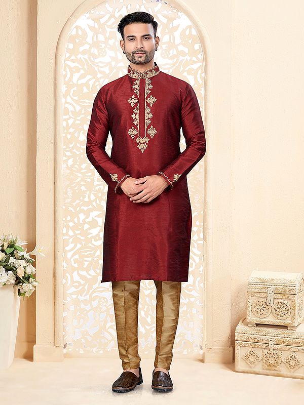 Floral Embroidery Work On Neck Festive Wear Straight Art Silk Kurta With Pajama