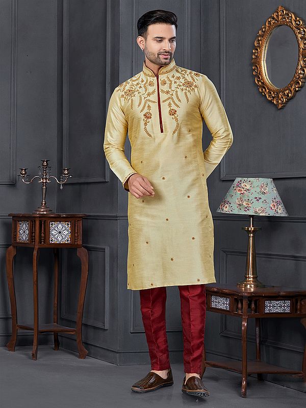 Sequins And Embroidery Work Fancy Wedding Wear Art Silk Kurta With Pajama