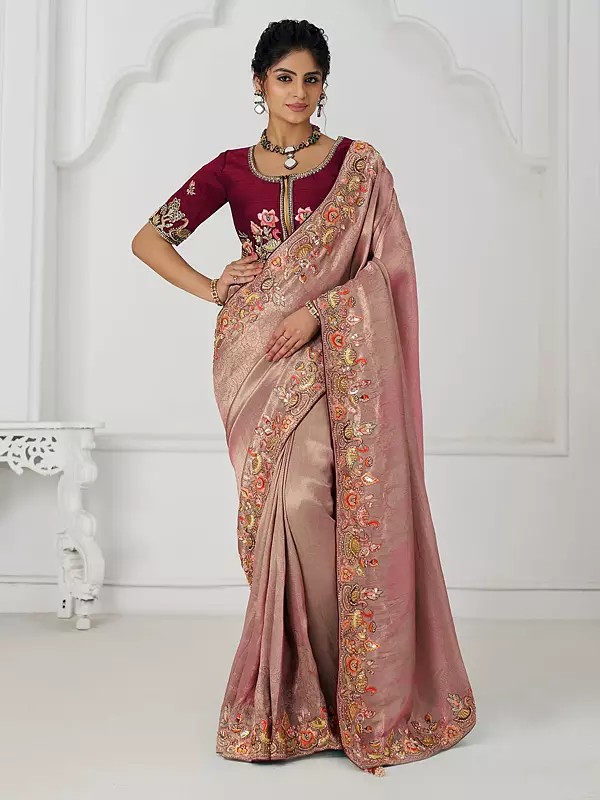 Embellished Sequins And Embroidery Work Contrast Border Pure Dola Viscose Silk Saree
