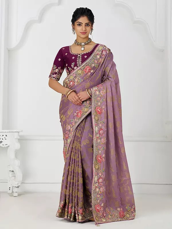 Floral Embroidery And Sequins Work Contrast Border Pure Dola Viscose Silk Saree With Tassels Pallu