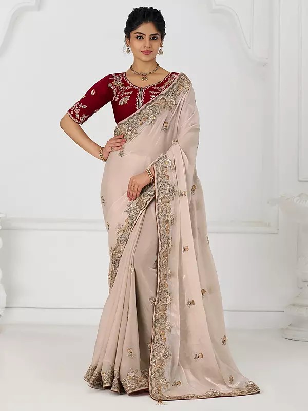 Pure Fendi Silk Attractive Contrast Border Sequins And Embroidery Work Saree With Tassels Pallu