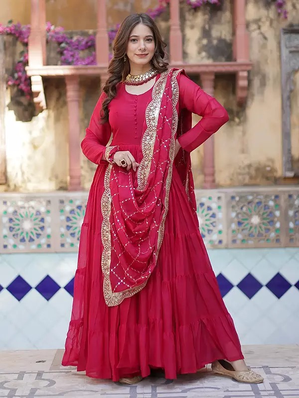 Sequins Embroidered Work Star Georgette Party Wear A Line Gown With Matching Dupatta