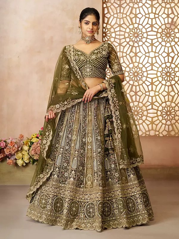 Heavy Embroidery And Sequins Work Soft Net Lehenga Choli With Tassels And Matching Floral Dupatta
