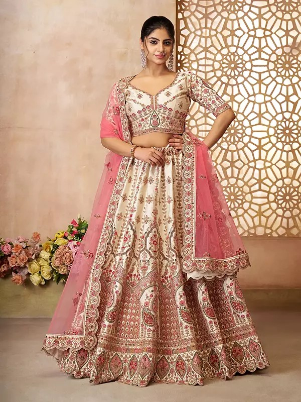 Floral Heavy Embroidery And Sequins Work Embellished Silk Lehenga Choli With Soft Net Dupatta