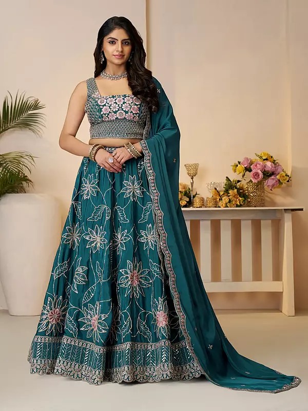 Stunning All Over Floral Thread And Sequins Work Wedding Wear Satin Silk Lehenga Choli With Matching Dupatta