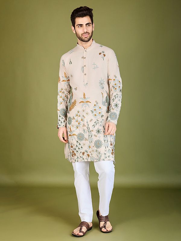 Viscose Rayon Floral Motifs Thread And Sequins Work Mandarin Collar Kurta For Casual Occasion