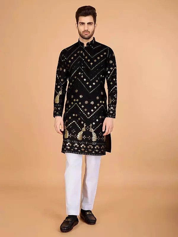 Peacock Motifs Thread And Sequins Work Mandarin Collar Pure Viscose Rayon Kurta For Wedding Occasion