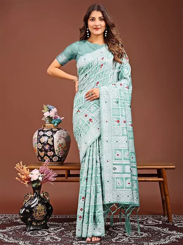Linen Cotton Geometric And Tribal Motifs Festive Wear Saree With Blouse