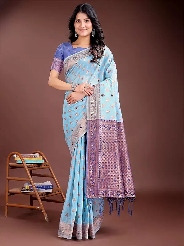 Ethnic Motifs Weaving Work Linen Cotton Attractive Saree With Blouse