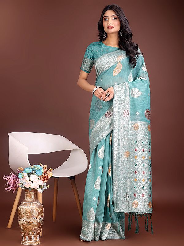 Ethnic Woven Motifs And Broad Border Attractive Linen Cotton Saree With Rich Tassels Pallu