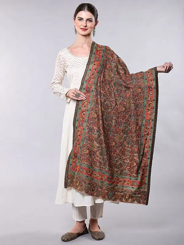 Warm Taupe Jamawar Wool Stole with Multicolor Woven Paisleys