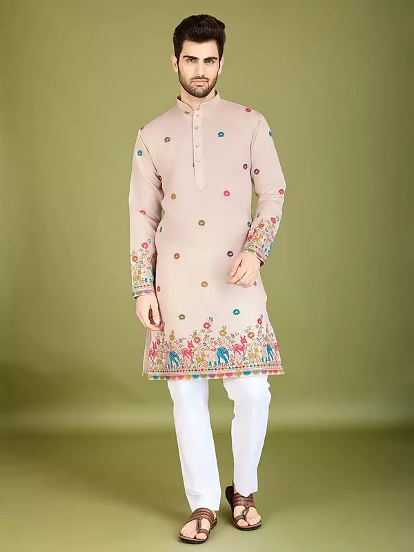 Thread And Sequins Floral Designer Viscose Silk Mandarin Collar Kurta For Festive Occasion