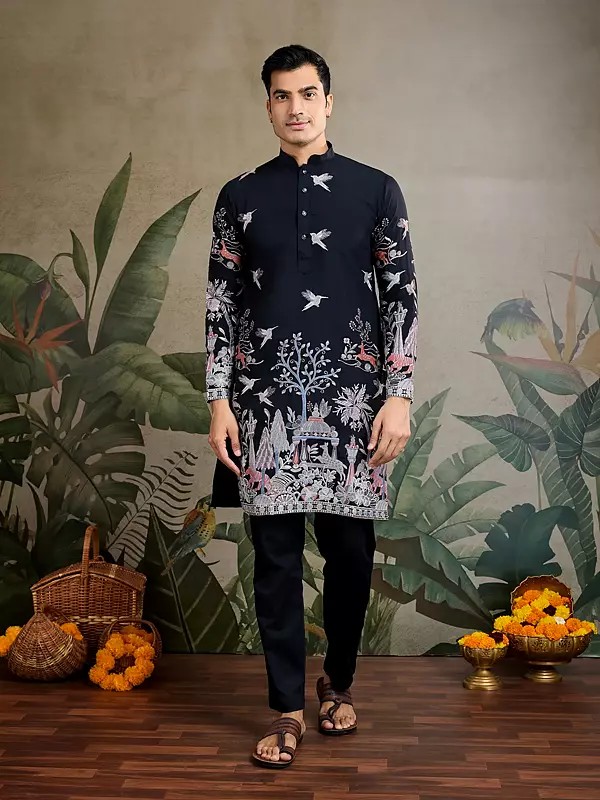 Floral Viscose Silk Thread Sequins Work Mandarin Collar Kurta For Festive Occasion