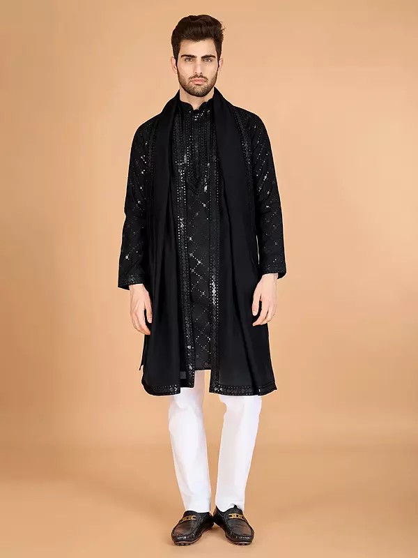 All Over Viscose Silk Thread And Sequins Work Mandarin Collar Kurta With Dupatta For Festive Occasion