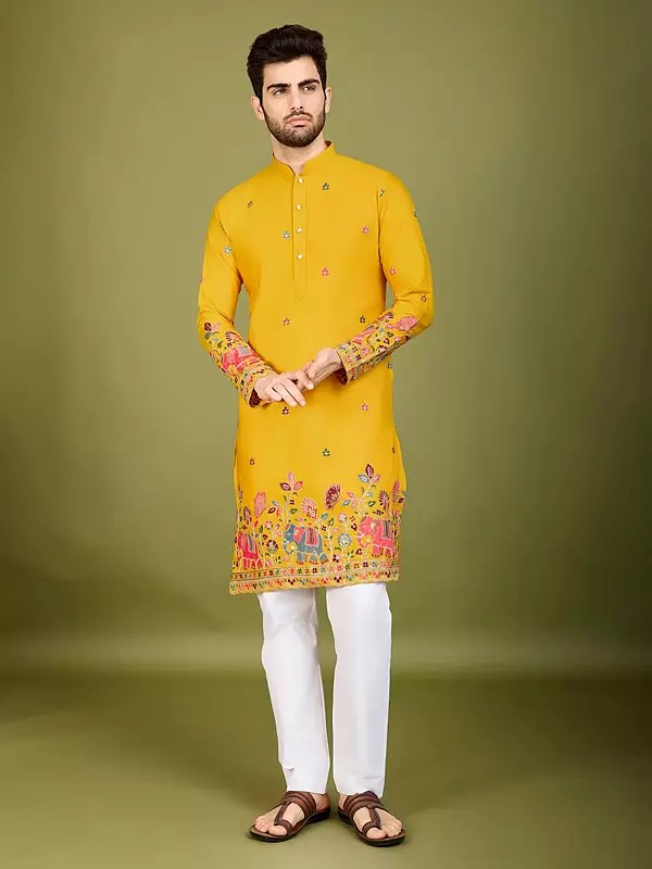 Floral Thread And Sequins Work Cotton Attractive Mandarin Collar Festive Wear Kurta