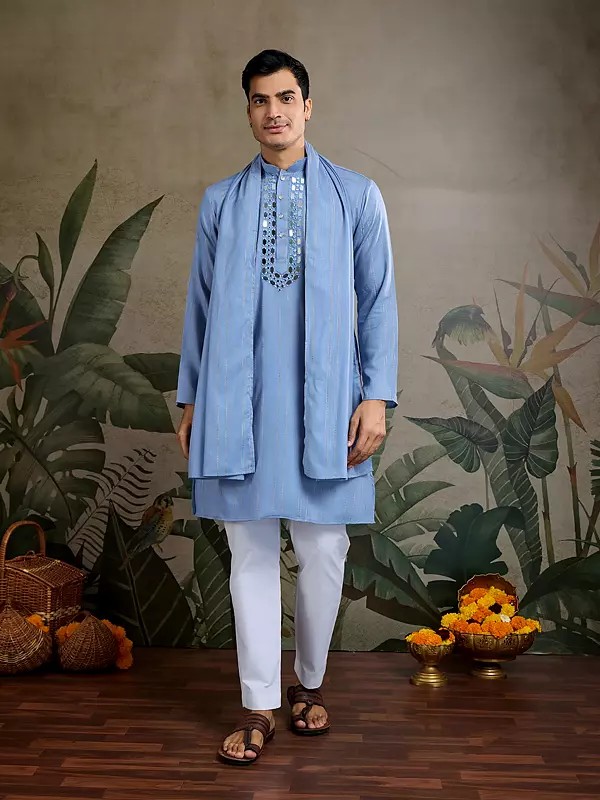 Self Design Zari And Real Mirror Work Mandarin Collar Viscose Rayon Kurta With Dupatta