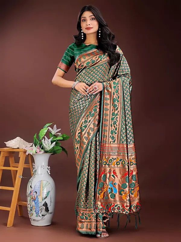 Floral Woven Motifs Broad Border Festive Wear Silk Saree With Contrast Pallu