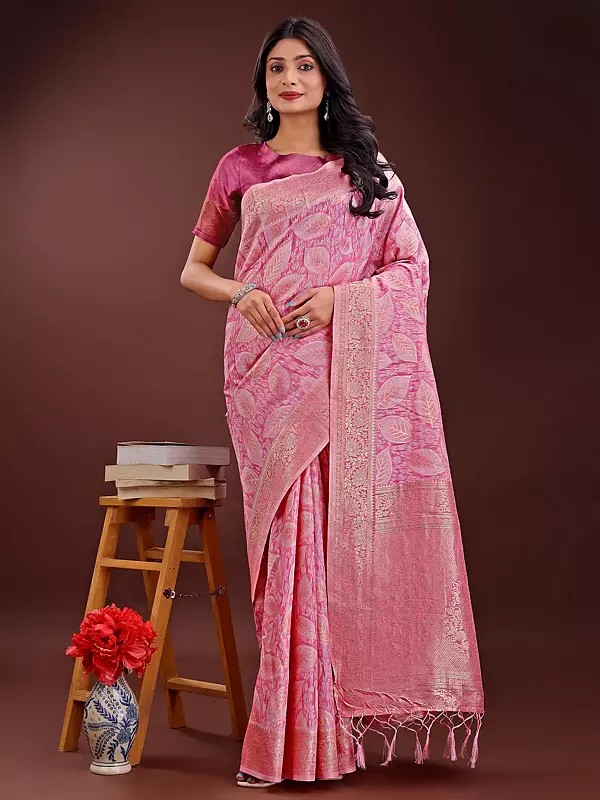 Attractive Floral Leaf Motifs Festive Wear Saree With Contrast Tassels Pallu