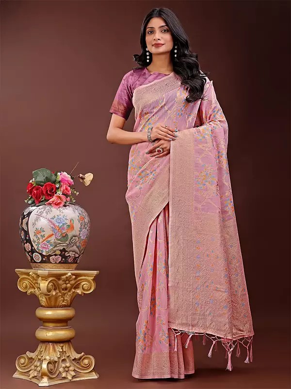 All Over Floral Print Festive Wear Linen Cotton Saree With Tassels Pallu