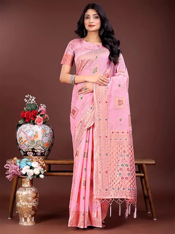 Ethnic Motifs Weaving Work Linen Cotton Saree With Contrast Tassels Pallu