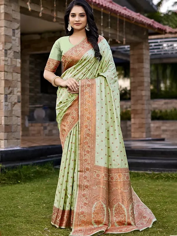 Ethnic Motif Weaving Work Attractive Wedding Wear Silk Saree With Matching Blouse
